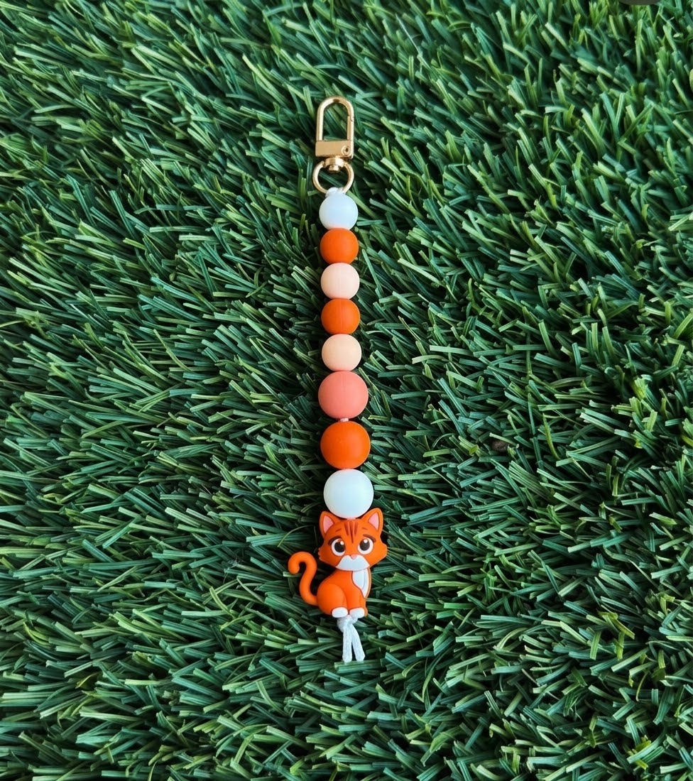 Orange Tabby Cat Silicone Bead Keychain & Bag Charm