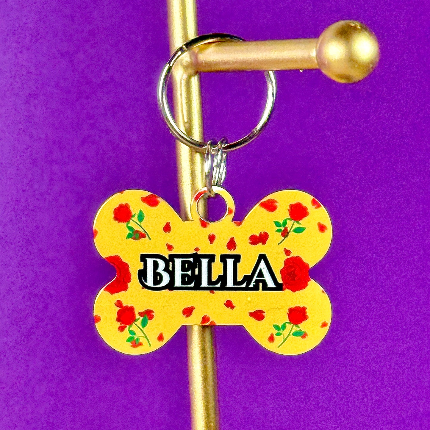Custom Aluminum Pet ID Tag – Yellow & Roses Design