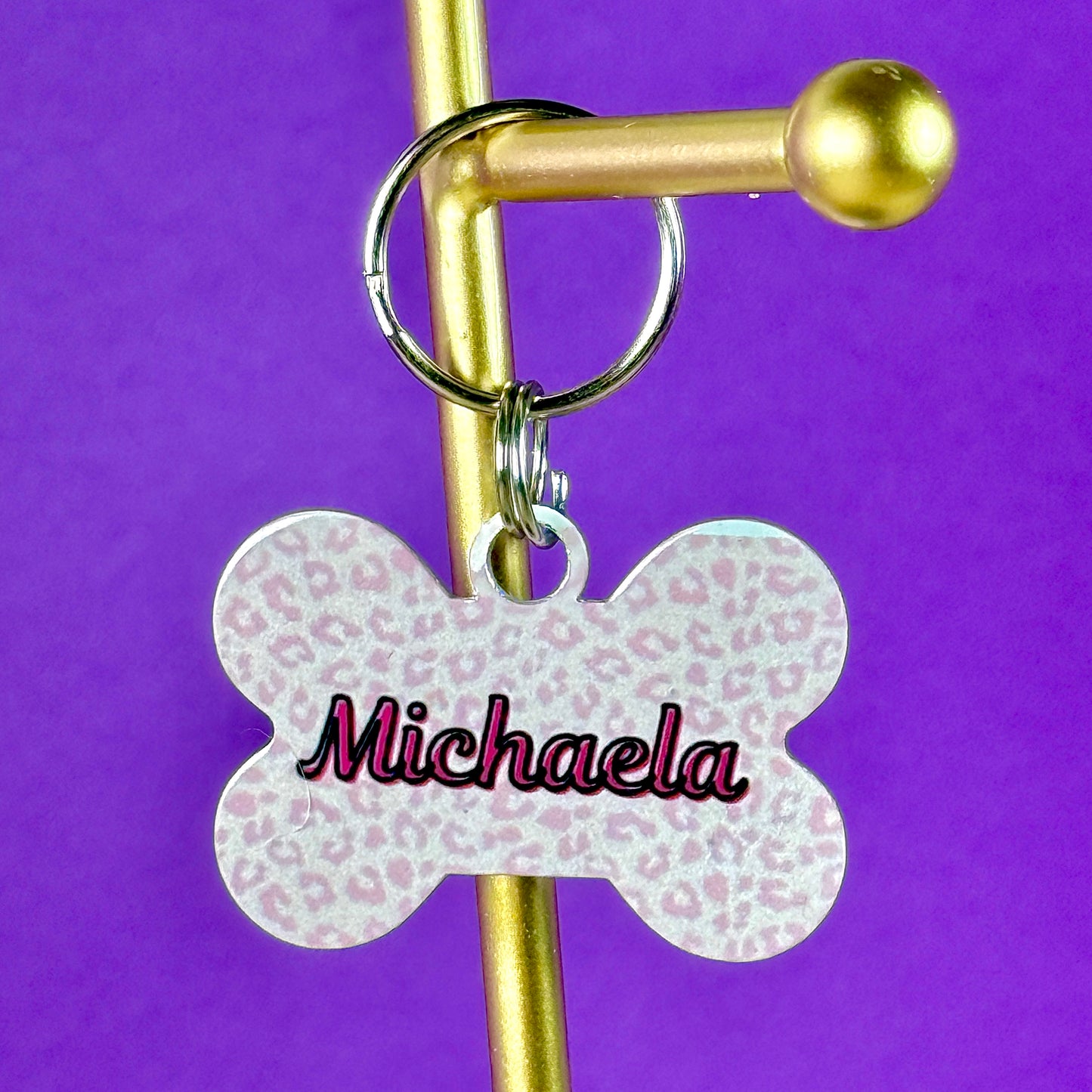Custom Aluminum Pet ID Tag – Pink Animal Print Design
