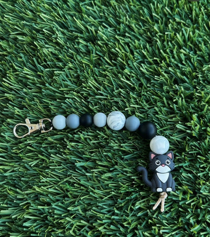 Black & Grey Cat Silicone Bead Keychain & Bag Charm