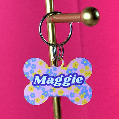 Custom Aluminum Pet ID Tag – Purple & Yellow Floral Design