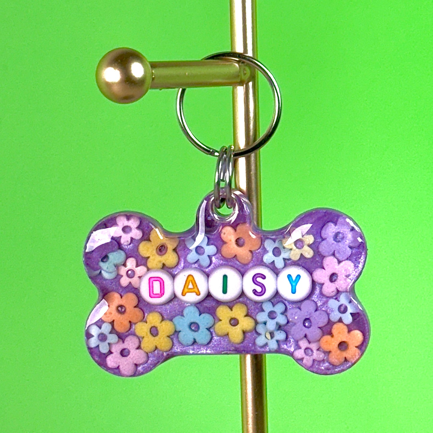 Custom Floral Resin Pet ID Tag – Lilac Background | Personalized Name Tag
