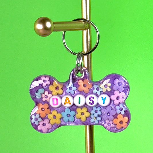 Custom Floral Resin Pet ID Tag – Lilac Background | Personalized Name Tag