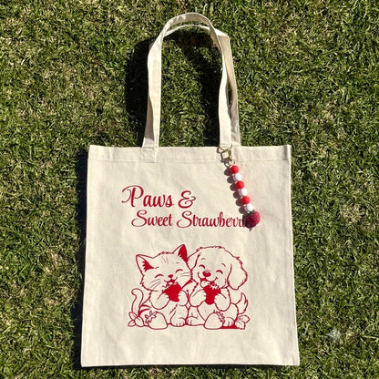 Paws & Sweet Strawberries Canvas Tote Bag