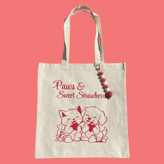 Paws & Sweet Strawberries Canvas Tote Bag